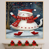 Christmas Wall Art Featuring Adorable Cat in White Dress Ice Skating Joyfully in Snow Whimsical Winter Print for Festive Feline Lovers and Holiday Home Decor on Ready to Hang 1.5" Thick Canvas Wrap, Floating Framed Canvas, Flat Rolled Canvas